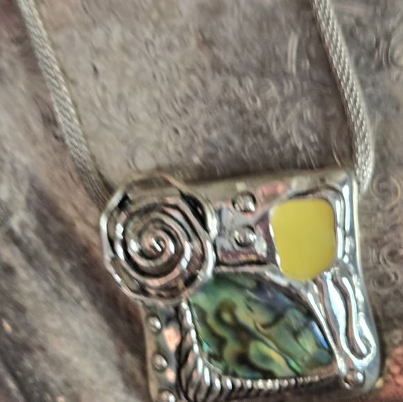 Abalone Pendant Necklace Artsy Artist Made & Yellow Stone Silver Tone Statement - Picture 8 of 15